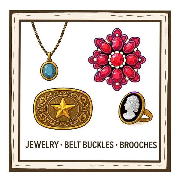 Jewelry, Belt Buckles, Brooches collectibles and memorabilia