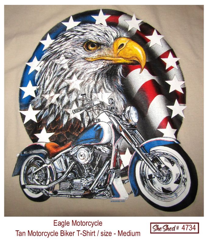 Eagle Motorcycle Biker T-Shirt Medium Tan Patriotic USA Flag Graphic Gildan Cott