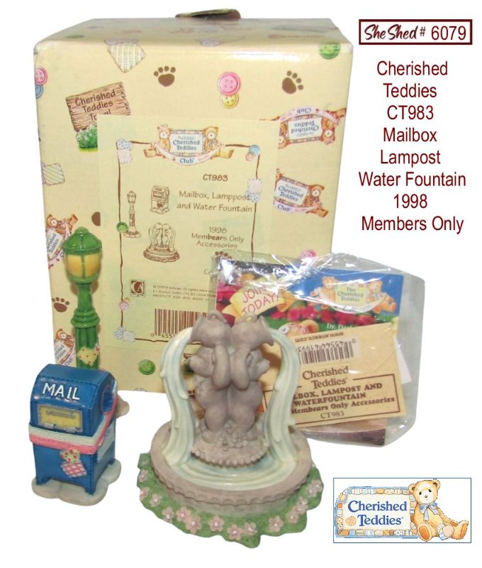 Cherished Teddies CT983 Mailbox Lampost Water Fountain 1998 Members Only 