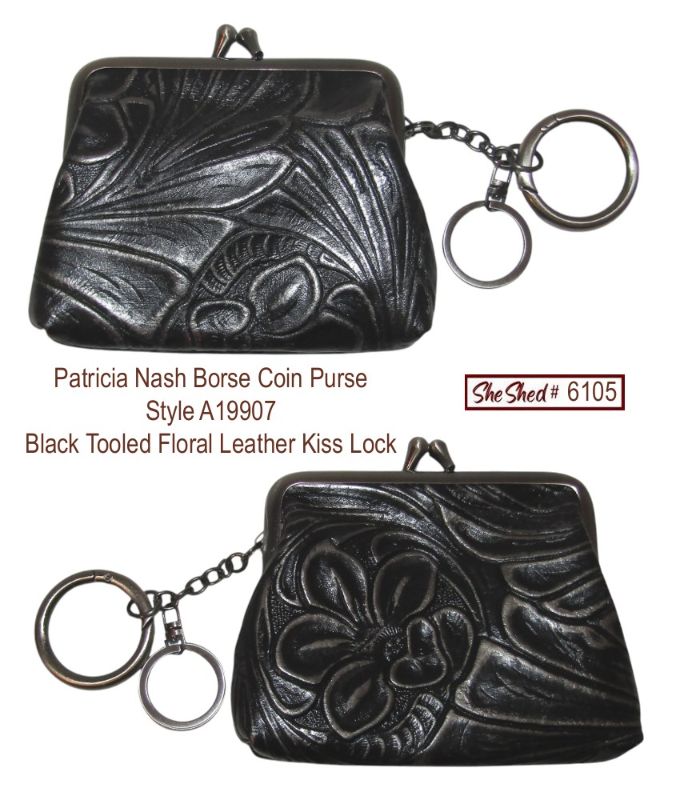 Patricia Nash Borse Coin Purse A19907 Black Floral Leather Kiss Lock Key Ring