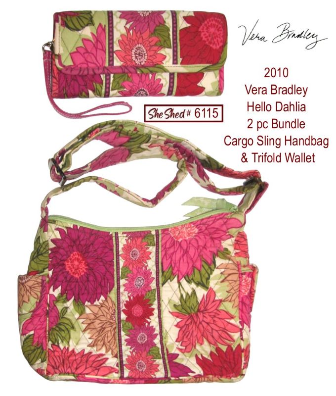 Vera Bradley Hello Dahlia Cargo Sling Handbag Trifold Wallet Matching 2pc Set