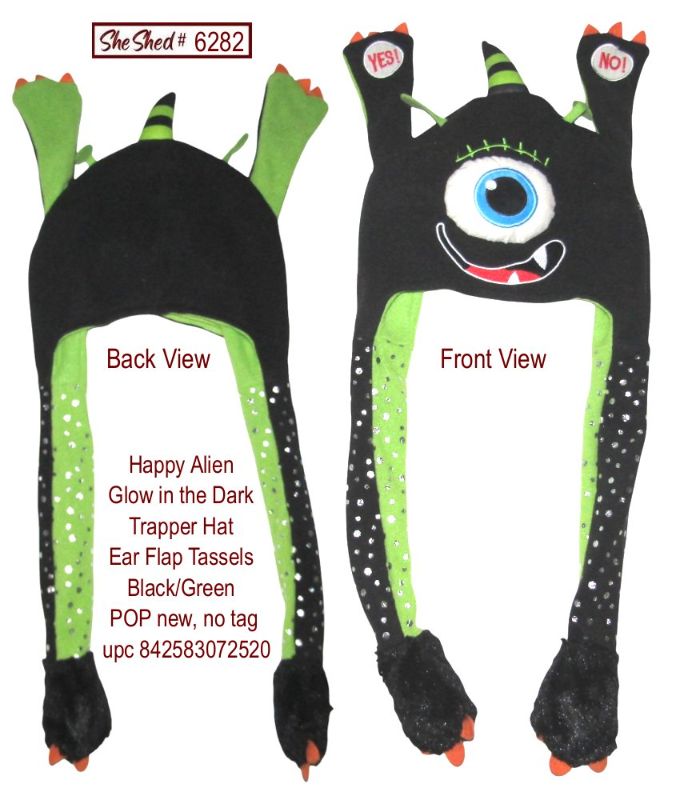 Happy Alien Glow in the Dark Trapper Hat Ear Flap Tassels Black/Green POP new