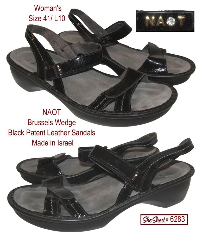 NAOT Brussels Women's 41 L10 Black Patent Leather Wedge Sandals Israel