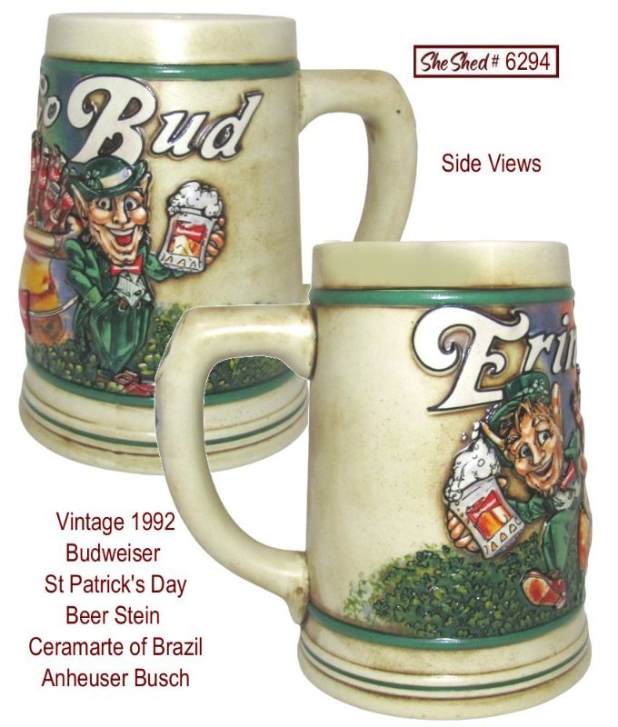 Vtg 1992 Budweiser St Patricks Day Beer Stein Ceramarte Anheuser Busch Brazil